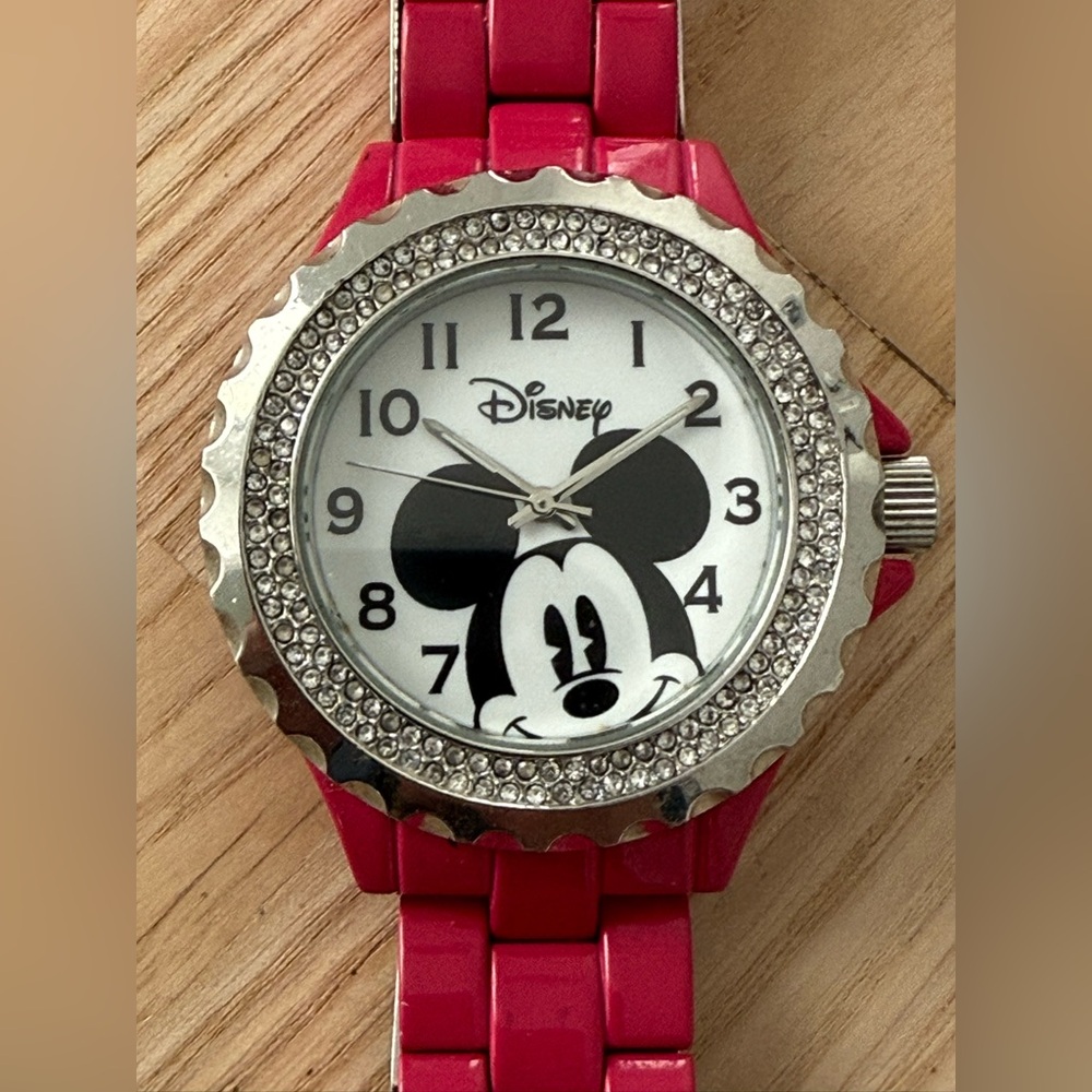 Disney Mickey Mouse Watch with Red/Pink Strap and Silver Bezel